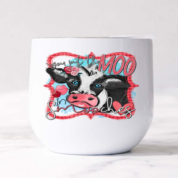 Valentine Moo Wine Cup showcasing playful cow design with "You Put The Moo In Smooches" for fun celebrations.