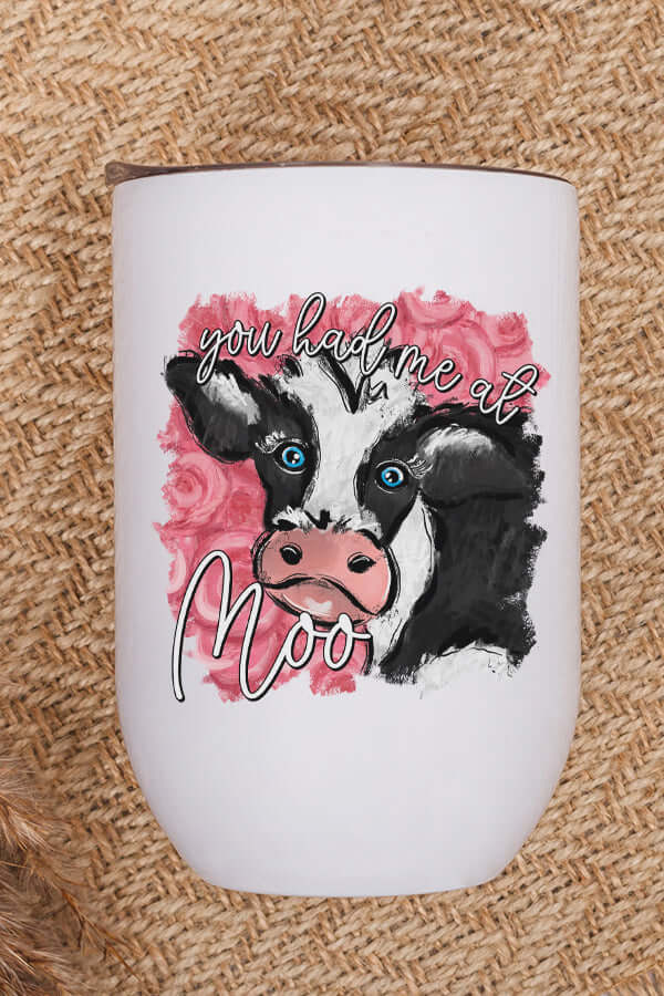 Moo Cow Wine Cup featuring a playful cow design with the phrase 'you had me at Moo', perfect for gifts and celebrations.