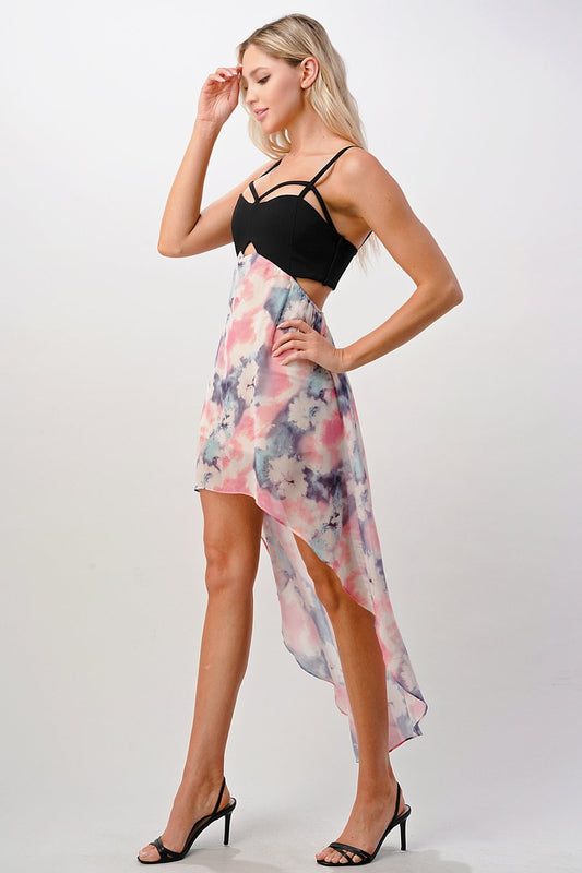Strappy Bodice Tie-Dye High-Low Dresses S-L.