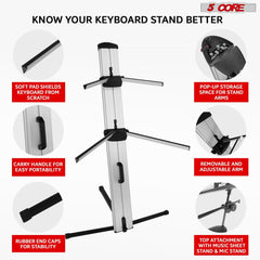 Support de clavier 5Core à 2 niveaux pour piano électrique classique réglable et robuste