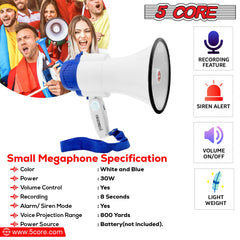 5Core Megaphone Bullhorn Speaker 30W Mini Bull Horn Battery Power