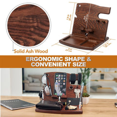 Wood Phone Docking Station Ash Hooks Key Holder Wallet Watch Stand