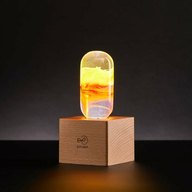 Yellow Orange Swirl Glass Decorative Lamp Bulb with Wooden and Metal Base