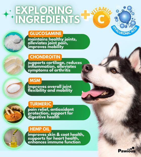 Suplementos Pawious para cadera y articulaciones + glucosamina para perros, 120 unidades.