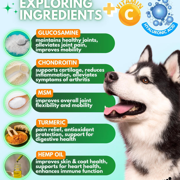Suplementos Pawious para cadera y articulaciones + glucosamina para perros, 120 unidades.