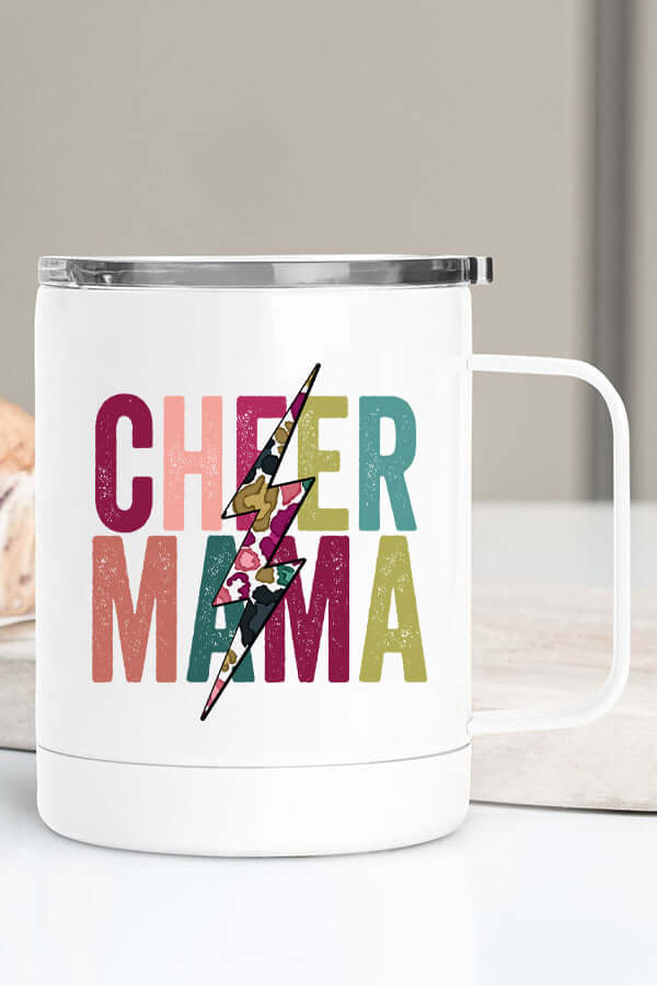 Cheer Mama Floral Bolt Coffee Cup in vibrant colors with stainless steel for durable daily use.