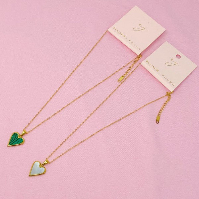 Gold Heart Pendant Necklace – Open & Green Inlay Design