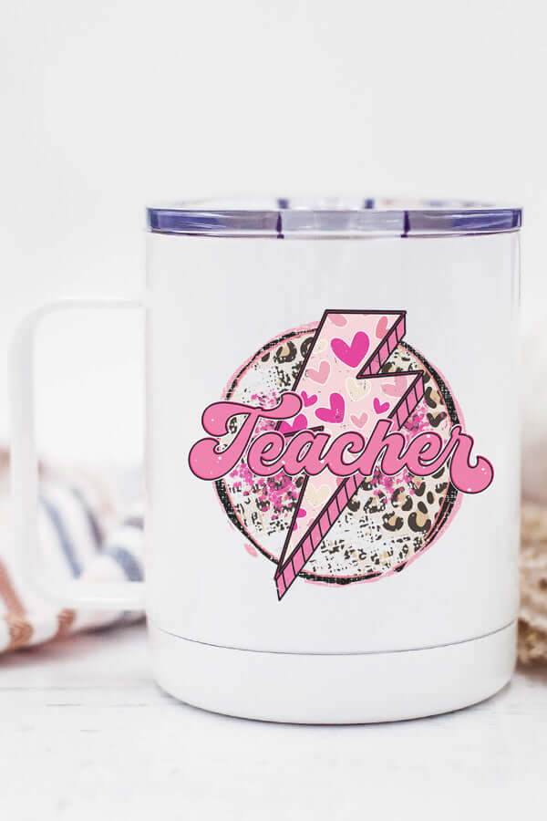Teacher heart coffee cup with stylish pink and leopard design, perfect for educators' morning routines.