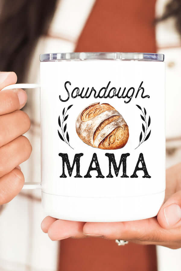 Sourdough Mama coffee cup with a bread graphic, perfect for enjoying coffee on the go.