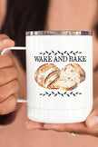 Wake & Bake Travel Cup featuring a design with bread, perfect for travel and commuting, lightweight and portable.