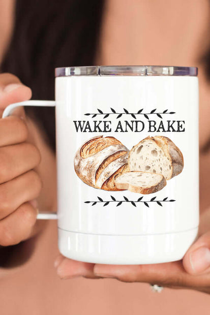 Wake & Bake Travel Cup featuring a design with bread, perfect for travel and commuting, lightweight and portable.