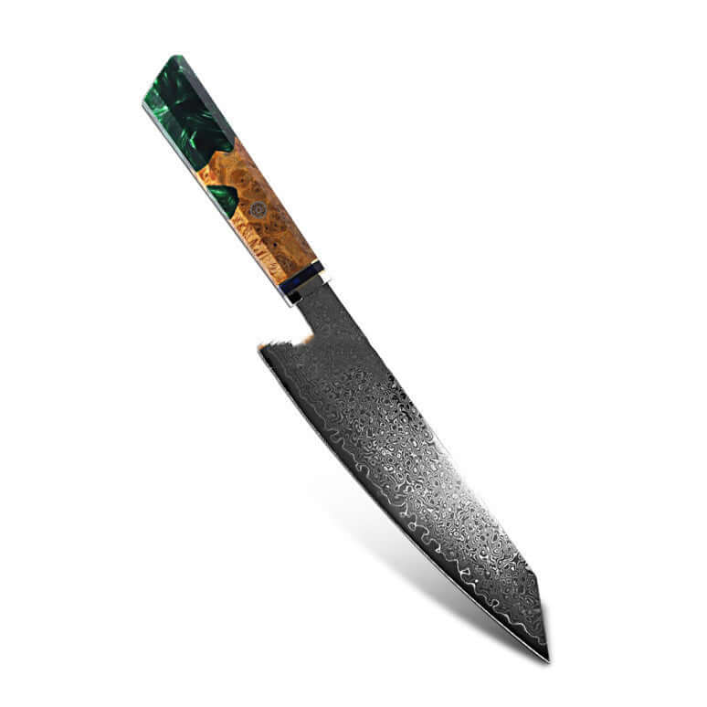 Japanese Damascus chef knife with a sharp blade and ergonomic handle for precision cooking.