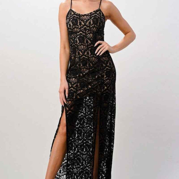 Women Lace Maxi Dress Side Slit Elegant Party Wear