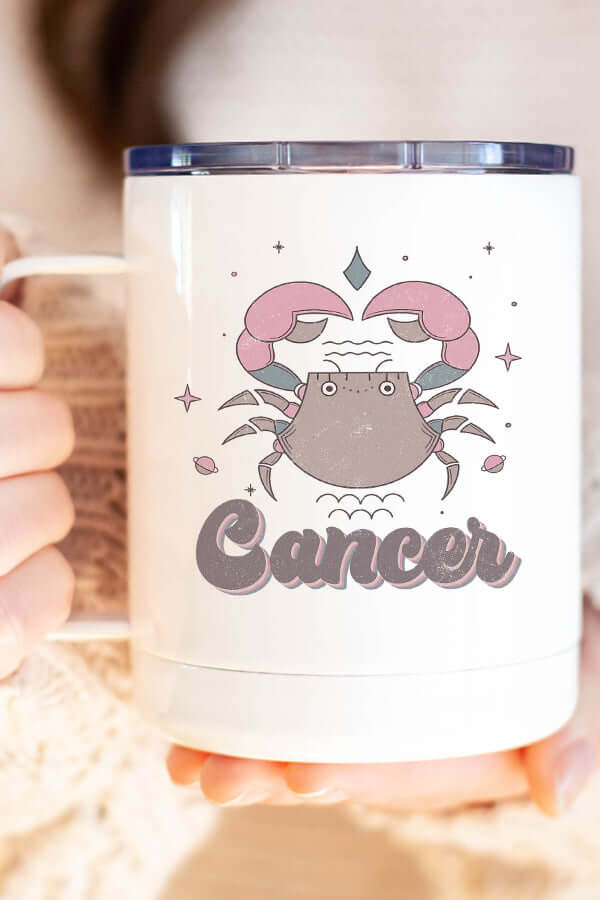 Cancer zodiac coffee cup featuring a cute crab design, perfect for astrology lovers and Cancer friends.