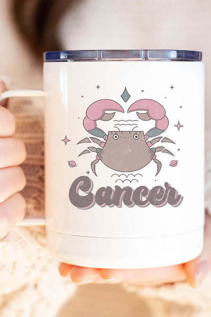 Cancer Sign Travel Cup featuring a cute crab illustration and the word 'Cancer' for astrology lovers.