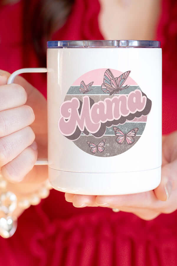 Mama Floral Circle Butterfly Coffee Cup held by a person, perfect for Mother's Day or special occasions.
