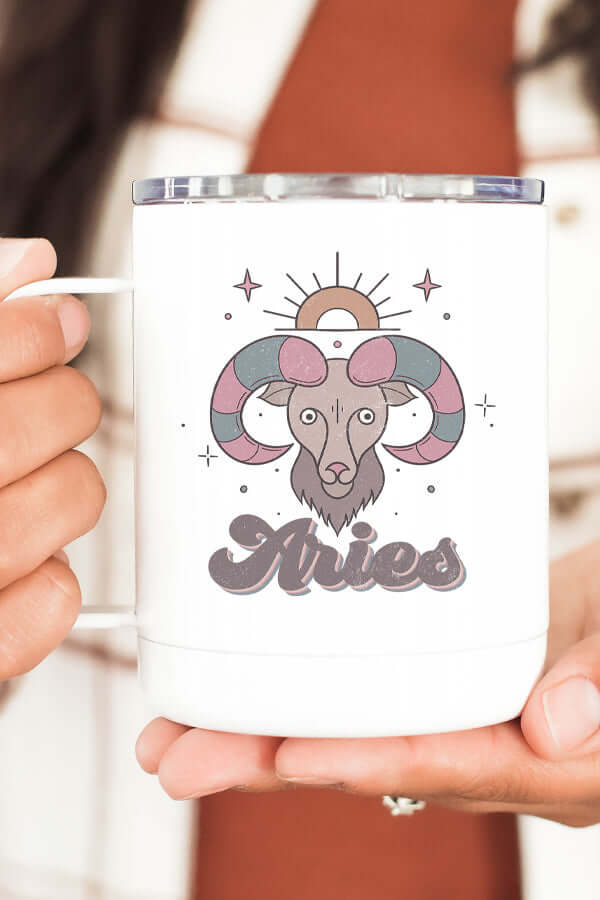 Aries coffee travel cup featuring a ram design, perfect for zodiac enthusiasts.