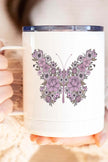 Floral butterfly coffee cup design featuring detailed purple flowers, perfect for travel and outdoor adventures.