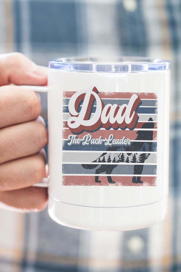 Dad Pack Leader Coffee Cup featuring a wolf design, perfect gift for dads on birthdays or special occasions.