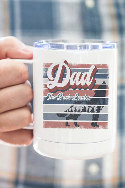 Dad Pack Leader Coffee Cup featuring a wolf design, perfect gift for dads on birthdays or special occasions.