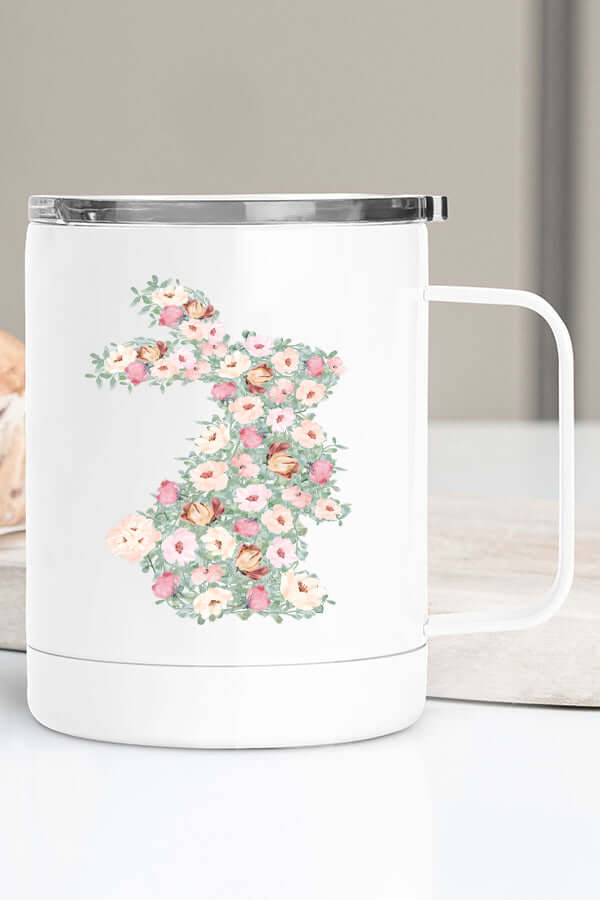 Easter Floral Bunny Travel Cup with colorful floral design for enjoying beverages in spring.
