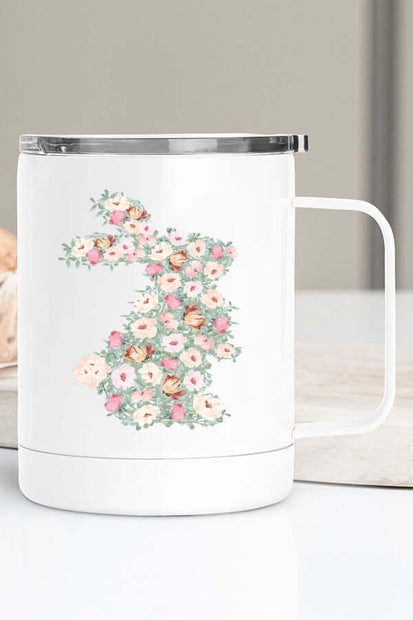Easter Floral Bunny Travel Cup with colorful floral design for enjoying beverages in spring.