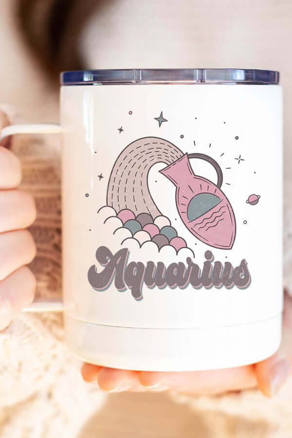 Aquarius Coffee Travel Cup featuring a colorful design with an Aquarius symbol and waves.