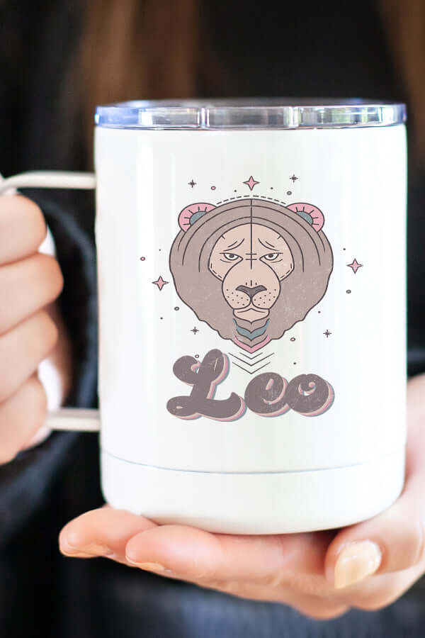 Leo coffee travel cup featuring a lion illustration and zodiac sign design, perfect for stylish drink-on-the-go.