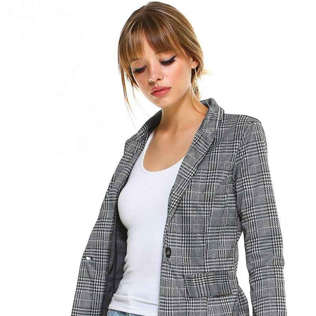 Women Grey Checkered Blazer Casual Style Jacket