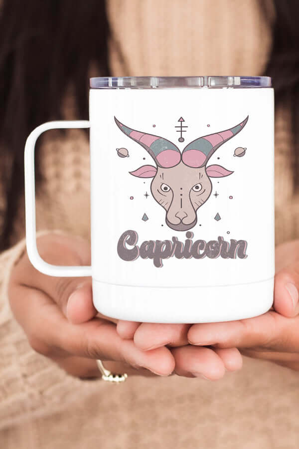 Capricorn Zodiac Cup with stylish design and handle held in hands, perfect for daily coffee or travel use.