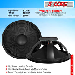 5Core 18 Inch Subwoofer Speaker 1000W Max 8Ohm Full Range Replacement