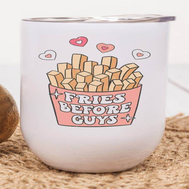 Fries Before Guys Tumbler featuring fun design with fries and hearts, perfect for enjoying drinks with friends.