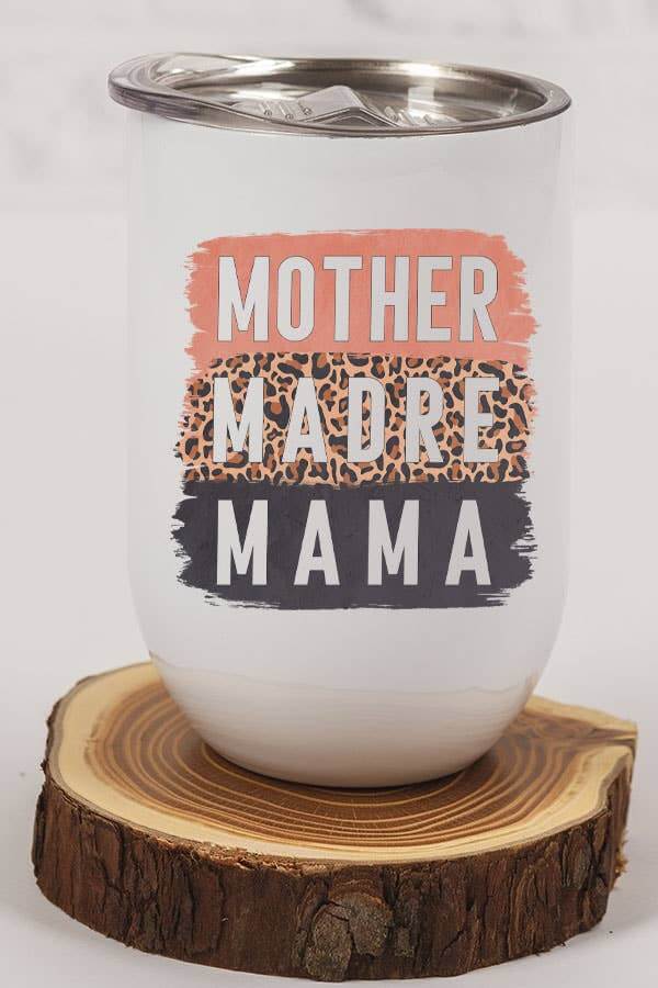 Stylish Mother Mama wine tumbler on wooden coaster featuring block lettering design.