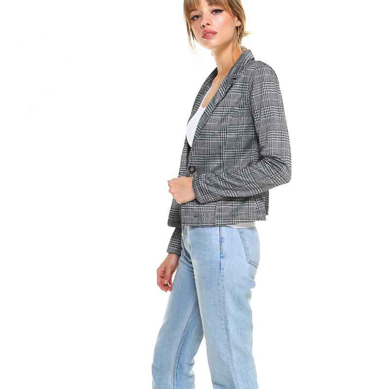 Women Grey Checkered Blazer Casual Style Jacket