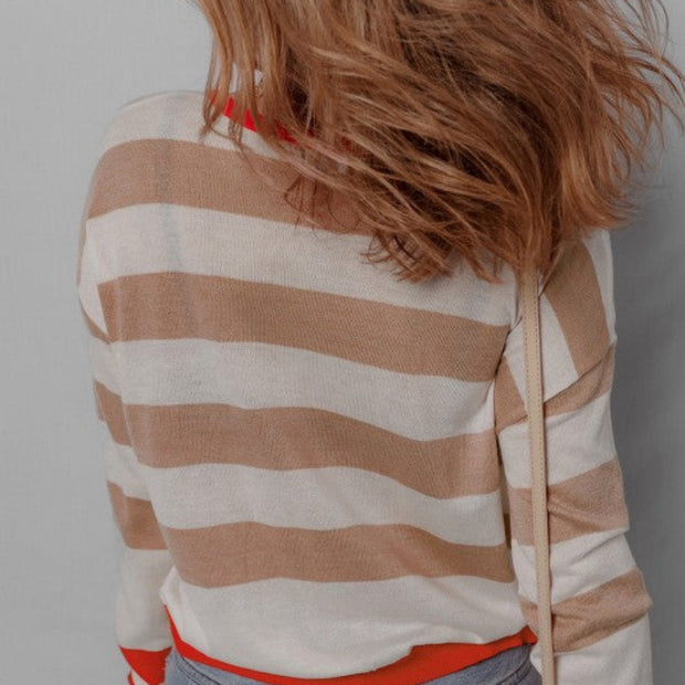 Women’s Neutral Stripe Knit Long Sleeve Sweater
