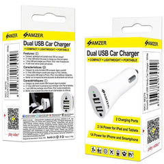 AMZER 2.1A/ 1A Dual USB 2 Port Handy Car Charger (White)