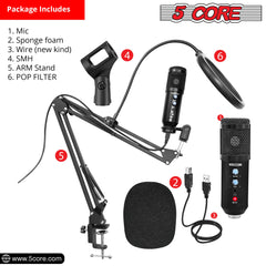 5 Core Podcast Microphone Bundle USB Condenser PC Mic Recording Studio