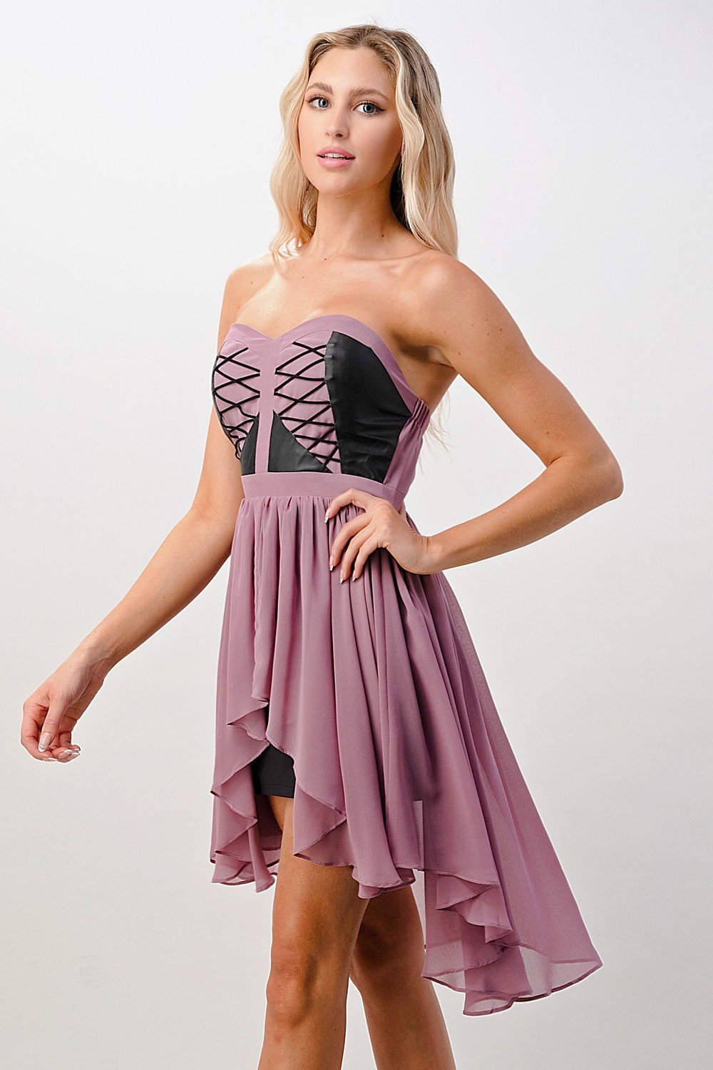 Strapless High-Low Lace-Up Dress