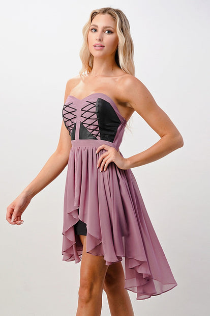 Strapless High-Low Lace-Up Dress