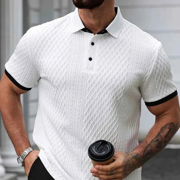 Men’s White Textured Short-Sleeve Polo Shirt with Black Contrast Trim