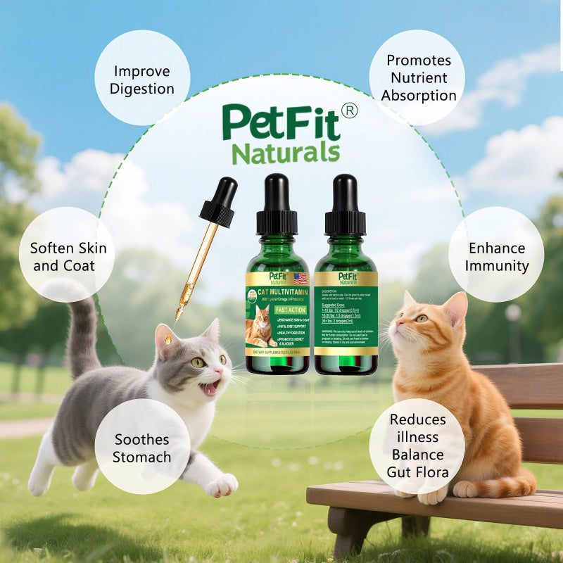 PetFit Naturals Liquid Cat Vitamins with Lysine, Probiotics & Omega-3 – Kidney, Immune, Skin & Digestive Support, 2 oz