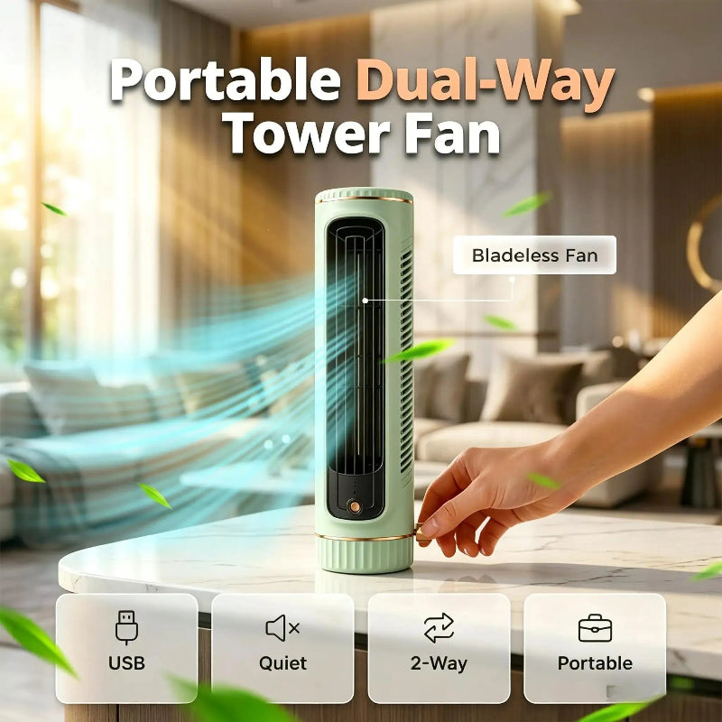 Portable Dual-Way Bladeless Tower Fan with USB & Ultra-Quiet Sleep Mode