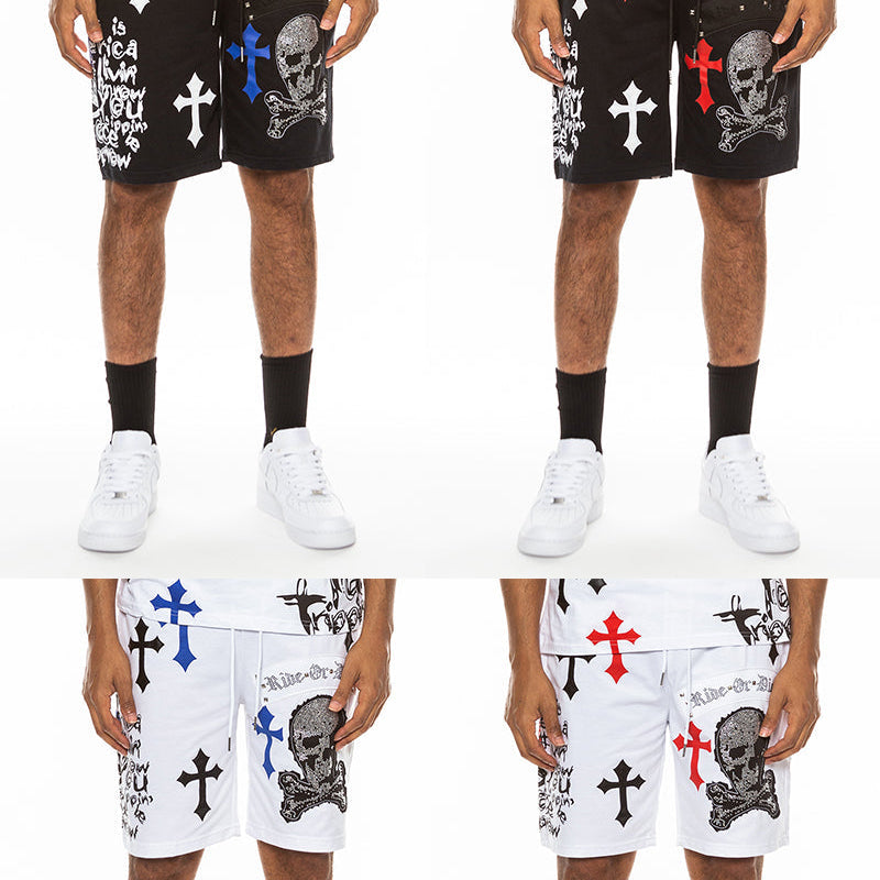 Men's Skull Print Shorts with Crosses by Ride or Die
