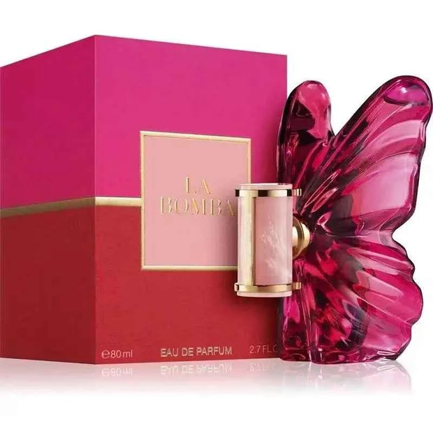 LA Bom. b.A 2.7oz female perfume, fresh flower and fruit fragrance, dragon fruit integration, unique butterfly design