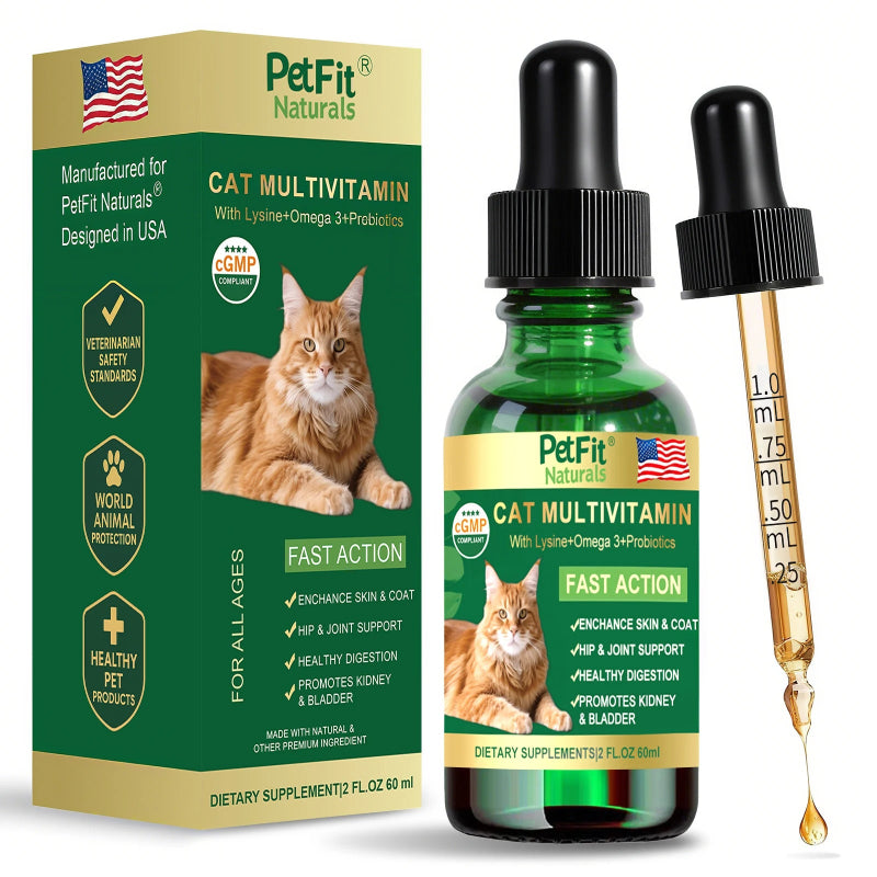 PetFit Naturals Liquid Cat Vitamins with Lysine, Probiotics & Omega-3 – Kidney, Immune, Skin & Digestive Support, 2 oz