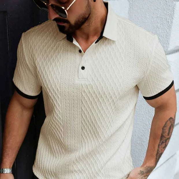 Men’s White Textured Short-Sleeve Polo Shirt with Black Contrast Trim