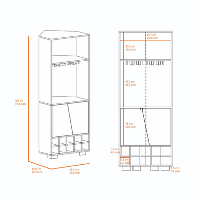 Corner Bar Cabinet, Ten Wine Cubbies, Two Shelves, Double Door.