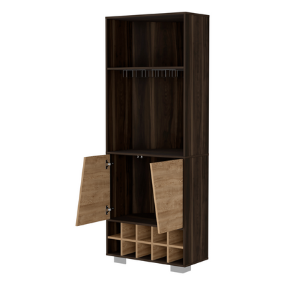 Corner Bar Cabinet, Ten Wine Cubbies, Two Shelves, Double Door.