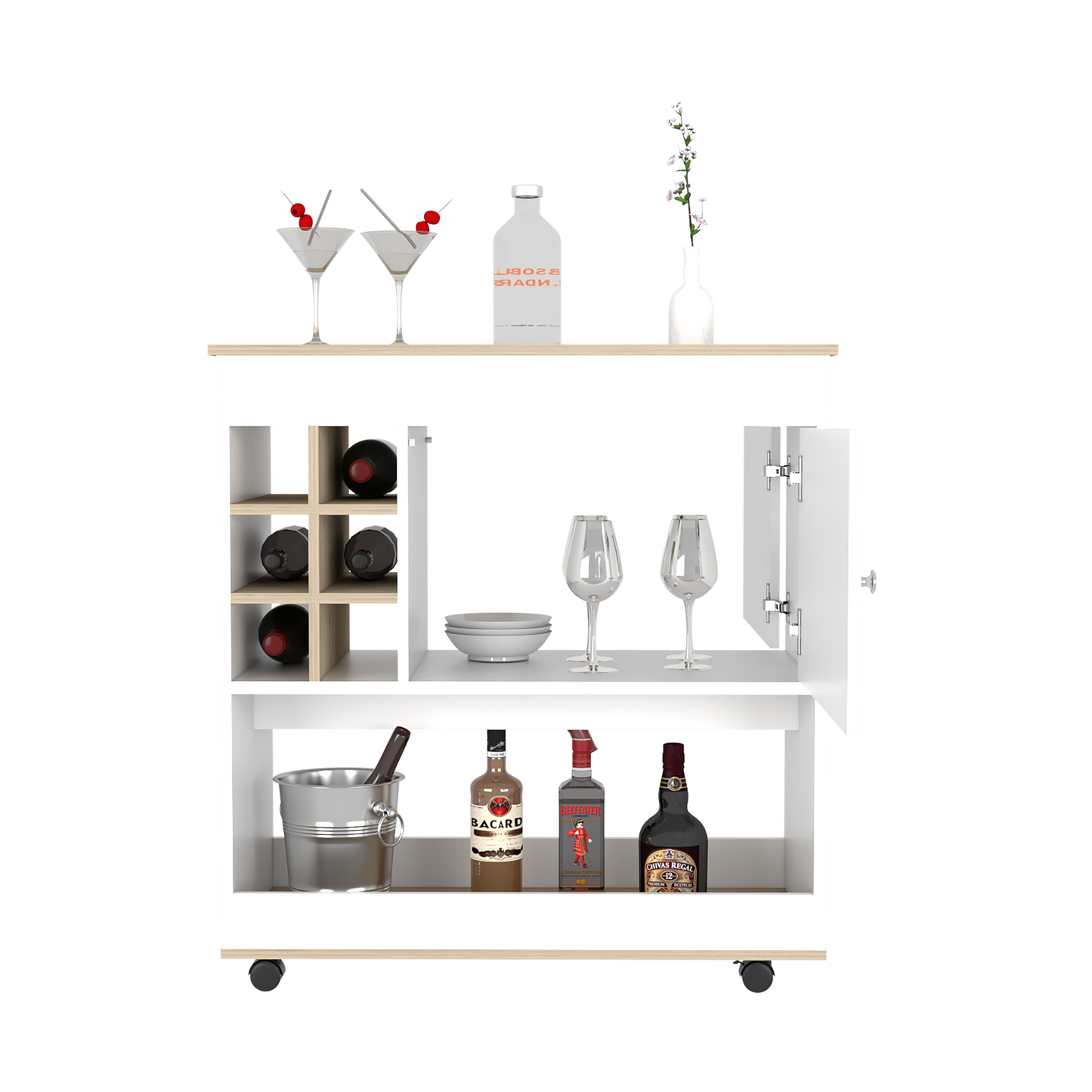 Bar Cart, Lower Panel, Six Bottle Cubbies, One Cabinet, Light.