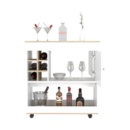 Bar Cart, Lower Panel, Six Bottle Cubbies, One Cabinet, Light.